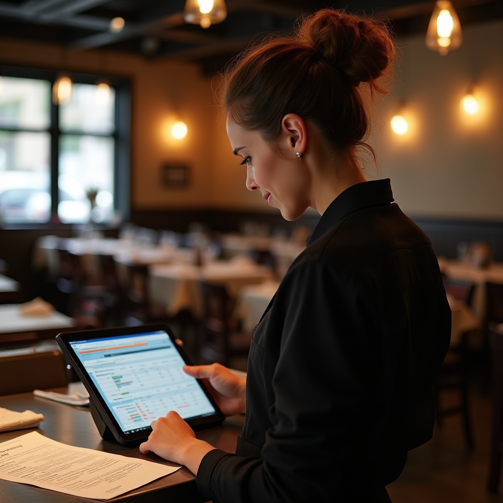 Manager de restaurant analizând date de ocupare și rezervări